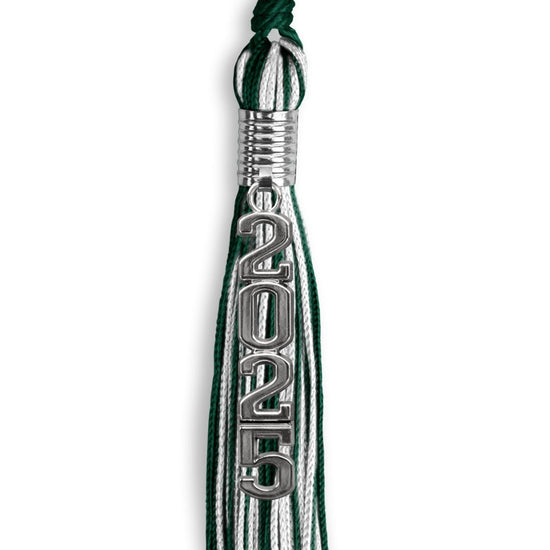 Hunter Green/White Mixed Color Graduation Tassel with Stacked Silver Date Drop by Wholesale Grad Supply
