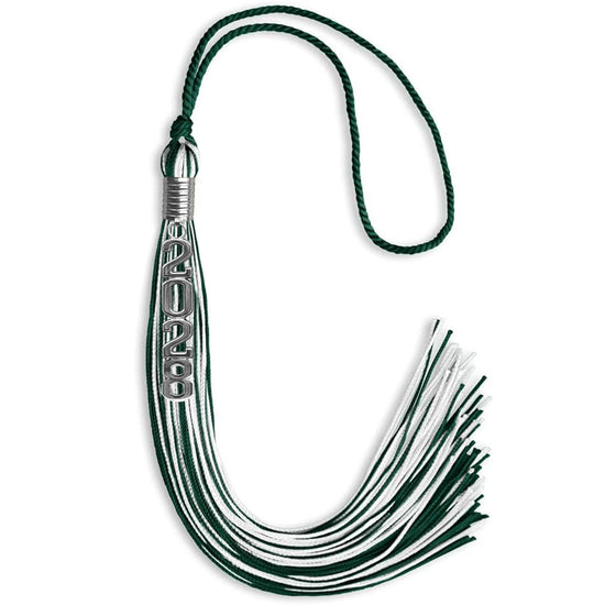 Hunter Green/White Mixed Color Graduation Tassel with Stacked Silver Date Drop by Wholesale Grad Supply