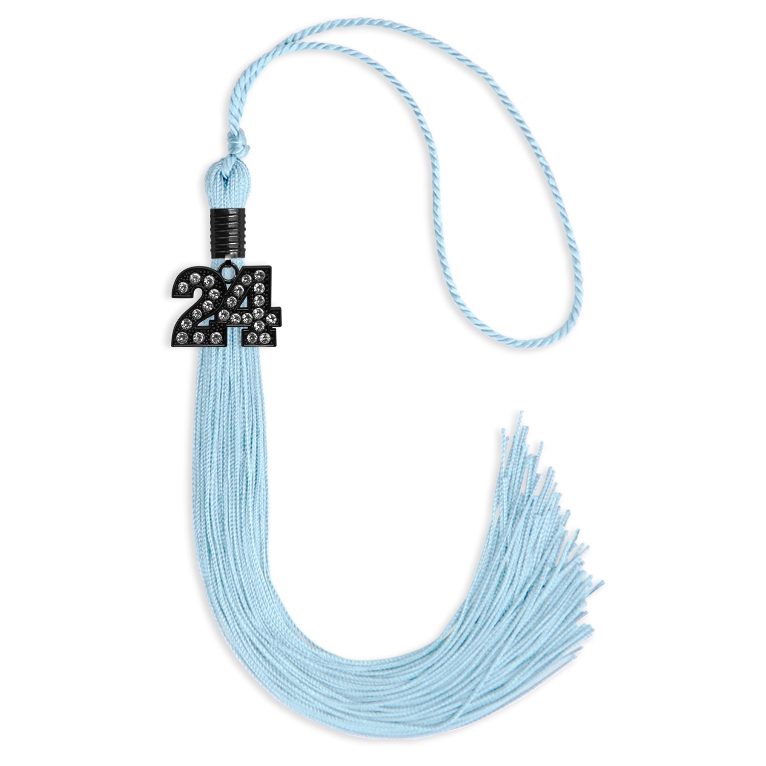 Light Blue Graduation Tassel with Black Bling Charm by Wholesale Grad Supply