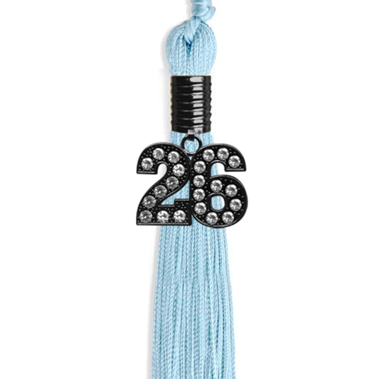Light Blue Graduation Tassel with Black Bling Charm by Wholesale Grad Supply