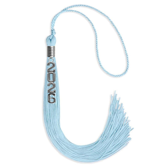 Light Blue Graduation Tassel with Silver Stacked Date Drop by Wholesale Grad Supply
