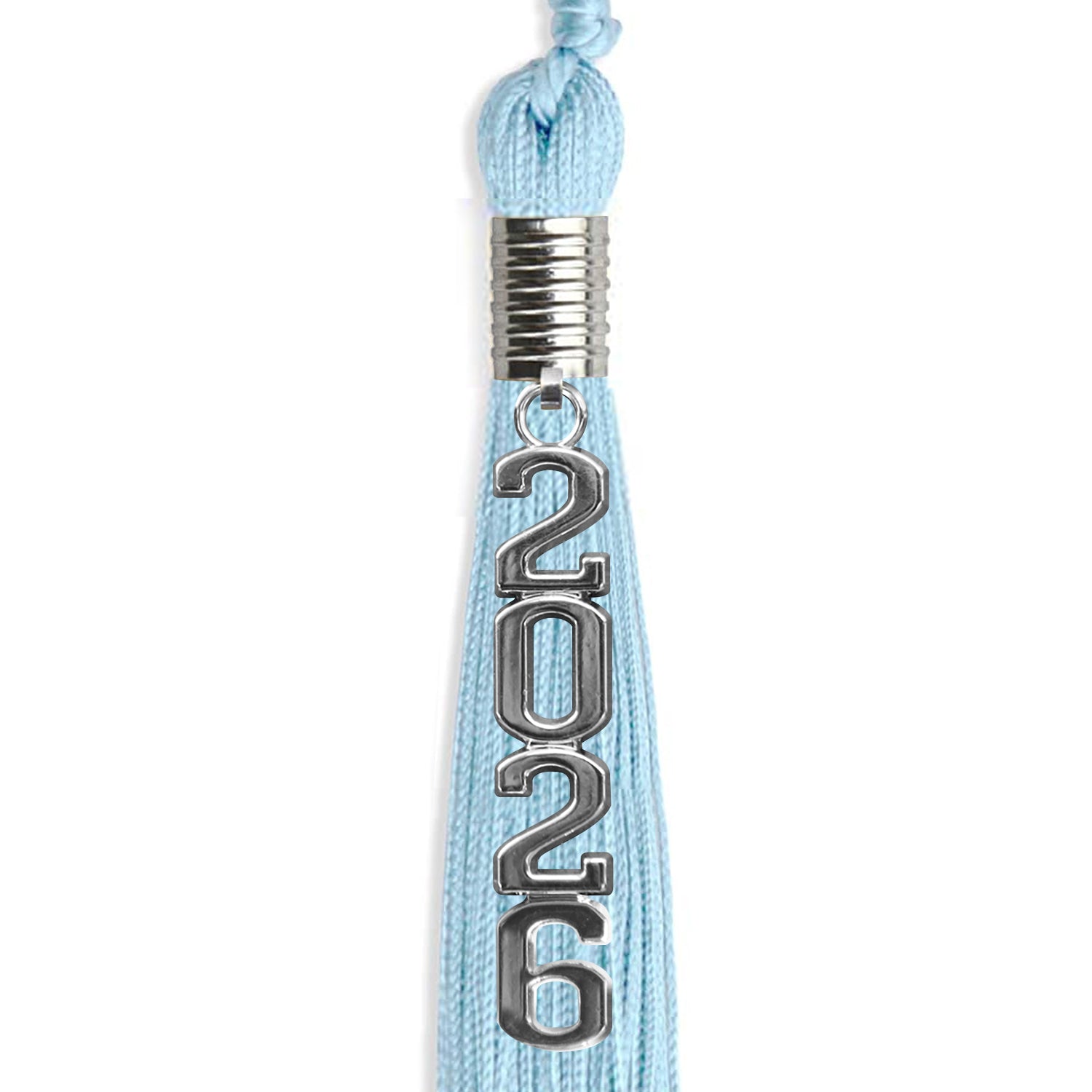 Light Blue Graduation Tassel with Silver Stacked Date Drop by Wholesale Grad Supply