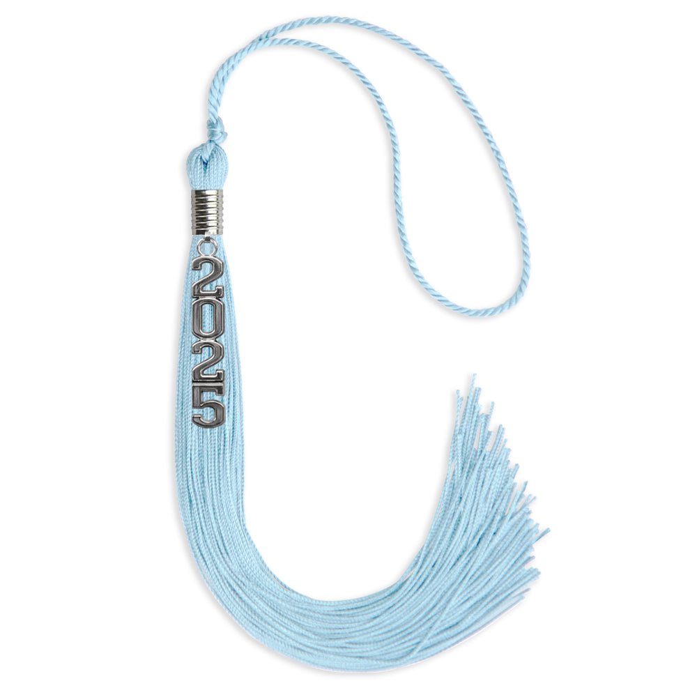 Light Blue Graduation Tassel with Silver Stacked Date Drop by Wholesale Grad Supply