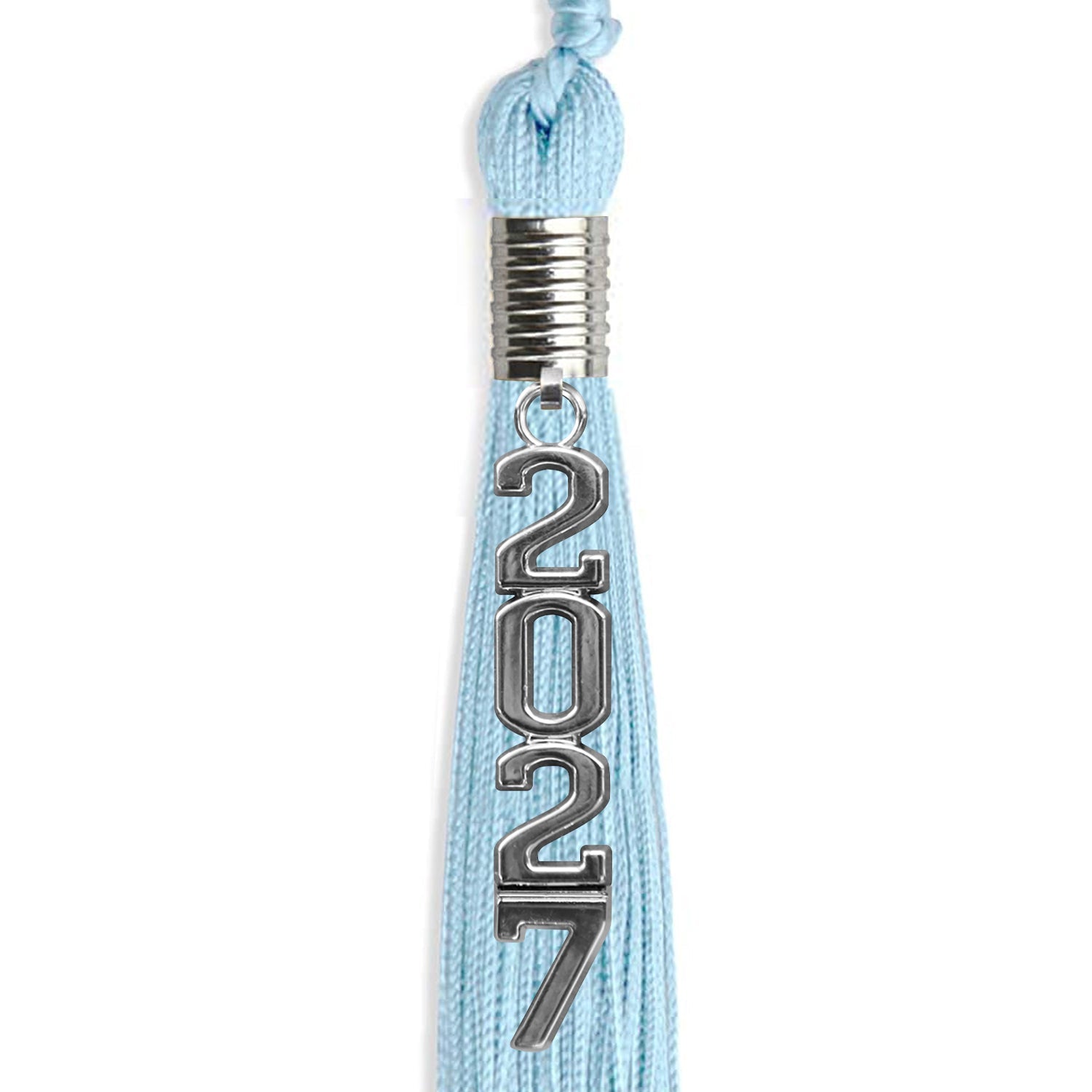 Light Blue Graduation Tassel with Silver Stacked Date Drop by Wholesale Grad Supply