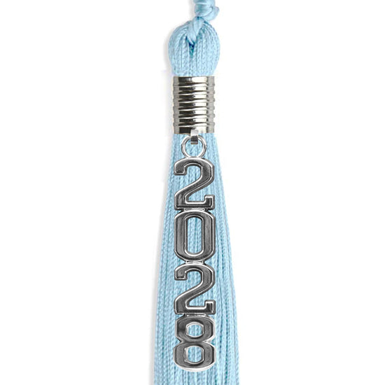 Light Blue Graduation Tassel with Silver Stacked Date Drop by Wholesale Grad Supply