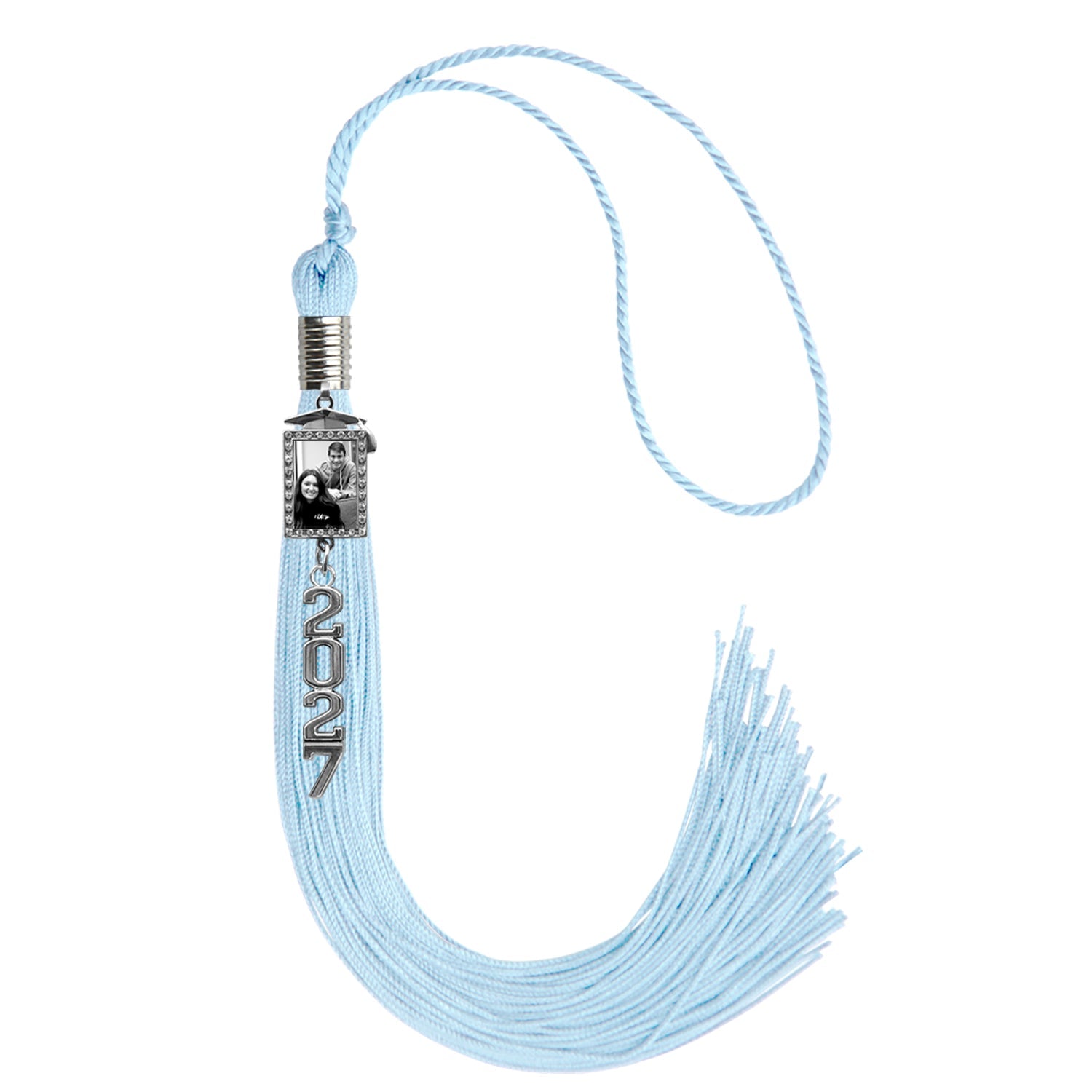 Light Blue Tassel with Photo Frame Charm and Stacked Date Drop by Wholesale Grad Supply