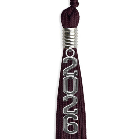 Maroon Graduation Tassel with Silver Stacked Date Drop by Wholesale Grad Supply