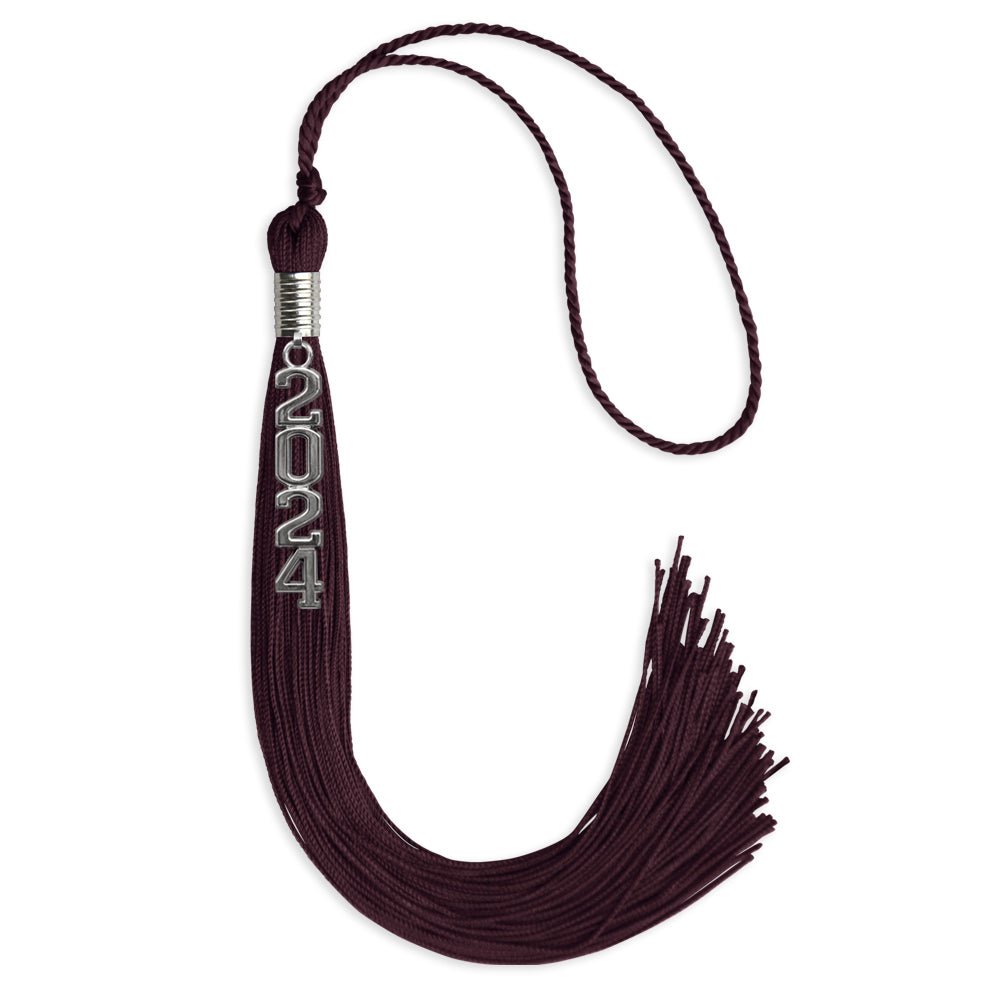 Maroon Graduation Tassel with Silver Stacked Date Drop by Wholesale Grad Supply