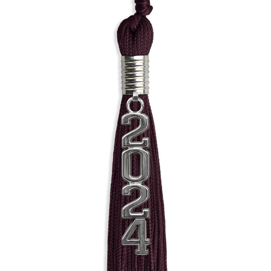 Maroon Graduation Tassel with Silver Stacked Date Drop by Wholesale Grad Supply