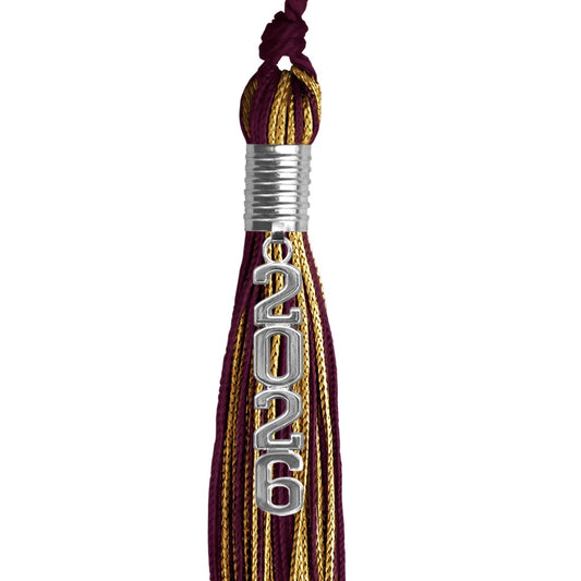 Maroon/Antique Gold Mixed Color Graduation Tassel with Stacked Silver Date Drop by Wholesale Grad Supply