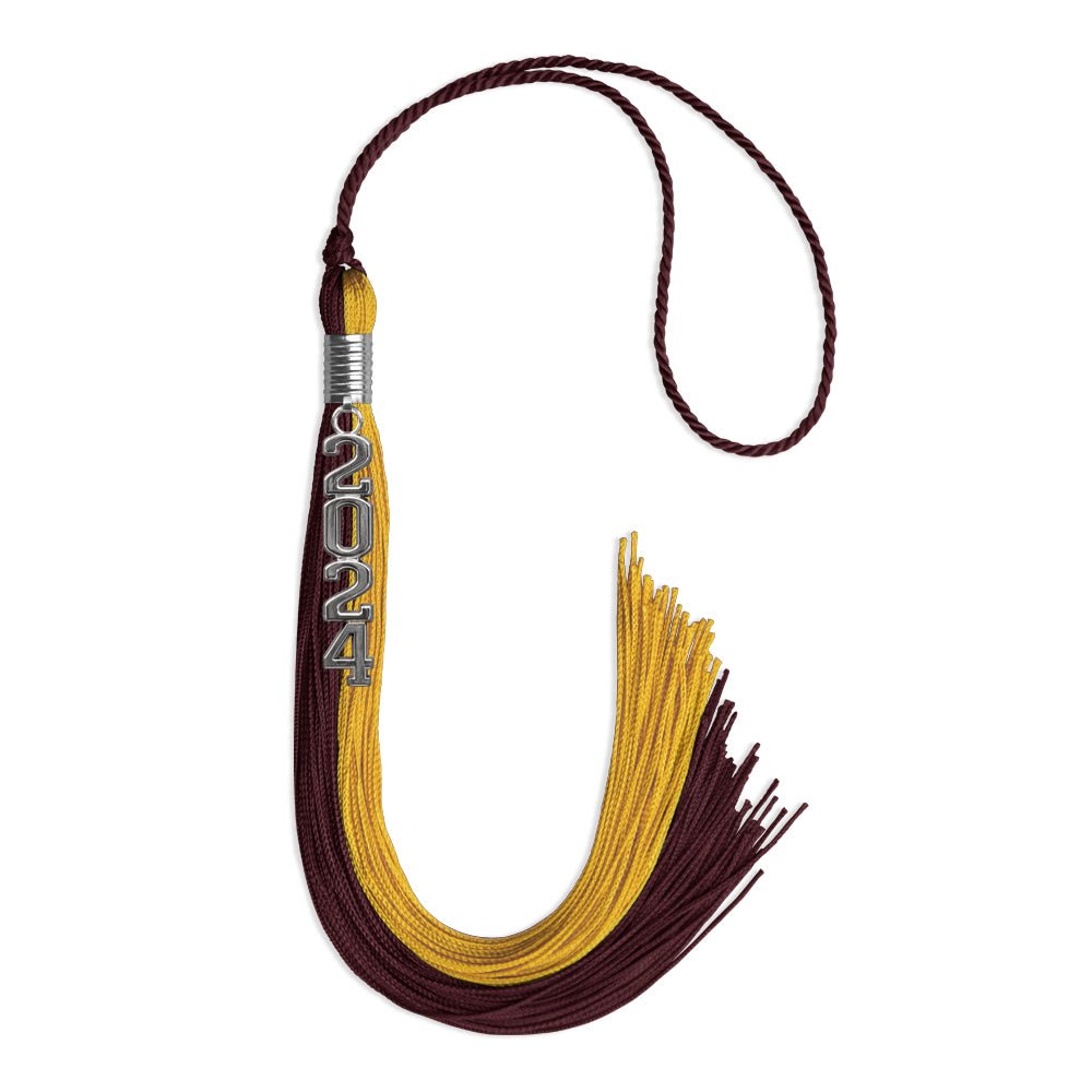 Maroon/Bright Gold Graduation Tassel with Silver Stacked Date Drop by Wholesale Grad Supply