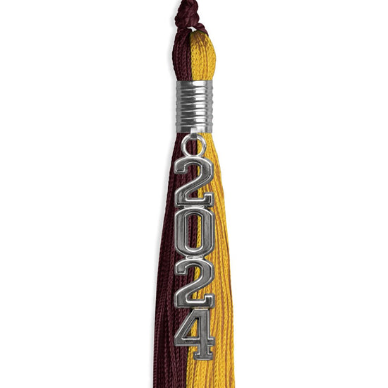 Maroon/Bright Gold Graduation Tassel with Silver Stacked Date Drop by Wholesale Grad Supply