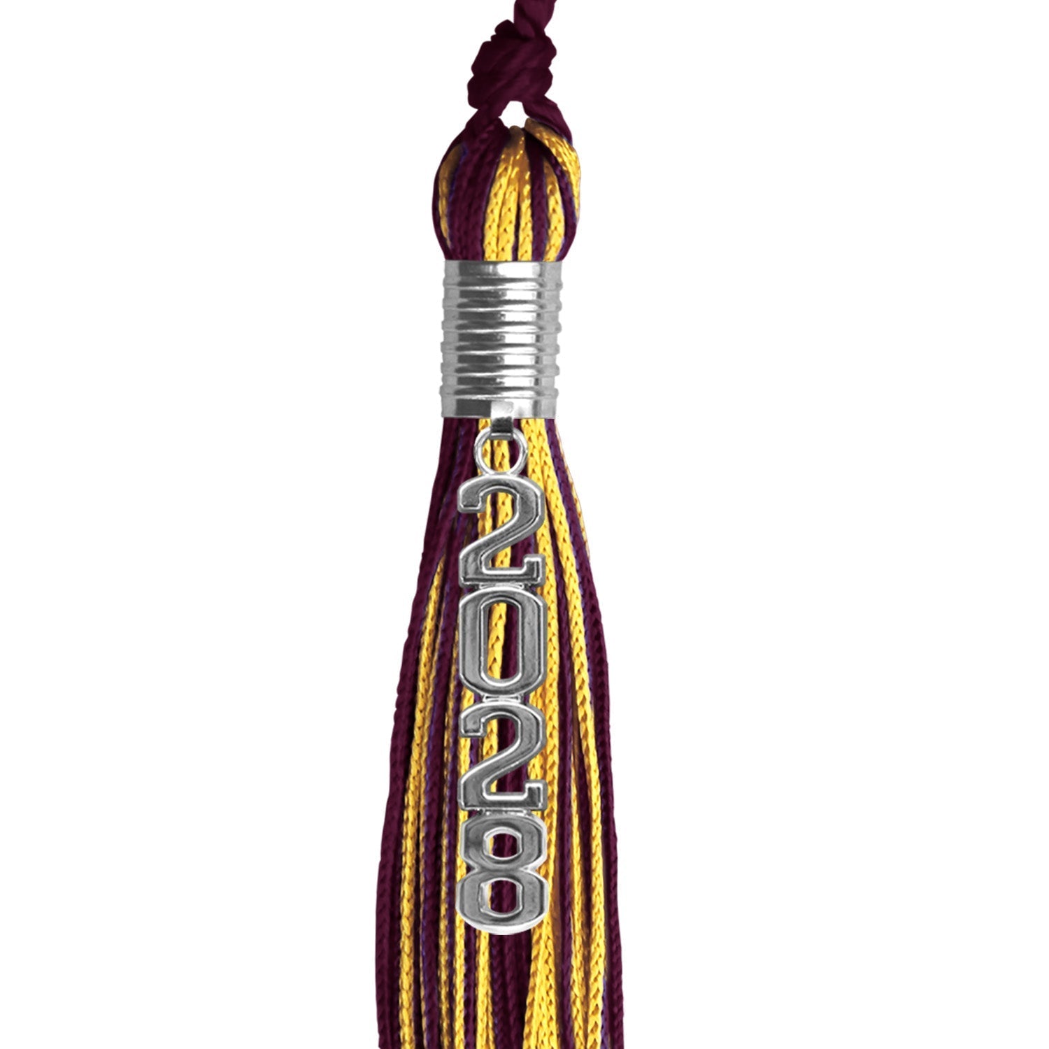 Maroon/Gold Mixed Color Graduation Tassel with Stacked Silver Date Drop by Wholesale Grad Supply
