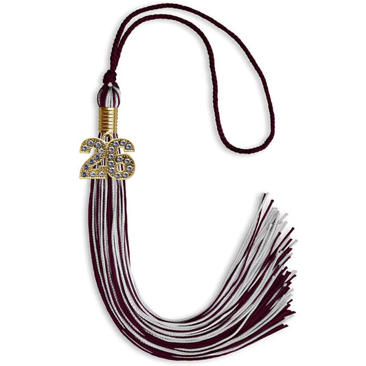 Maroon/Silver Mixed Color Graduation Tassel with Gold Bling Charm by Wholesale Grad Supply