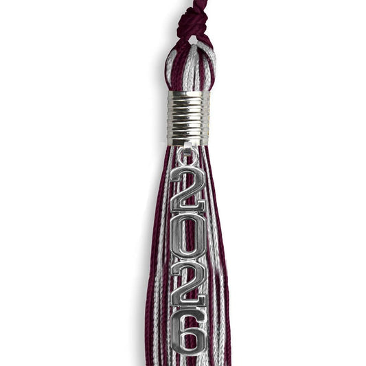 Maroon/Silver Mixed Color Graduation Tassel with Stacked Silver Date Drop by Wholesale Grad Supply