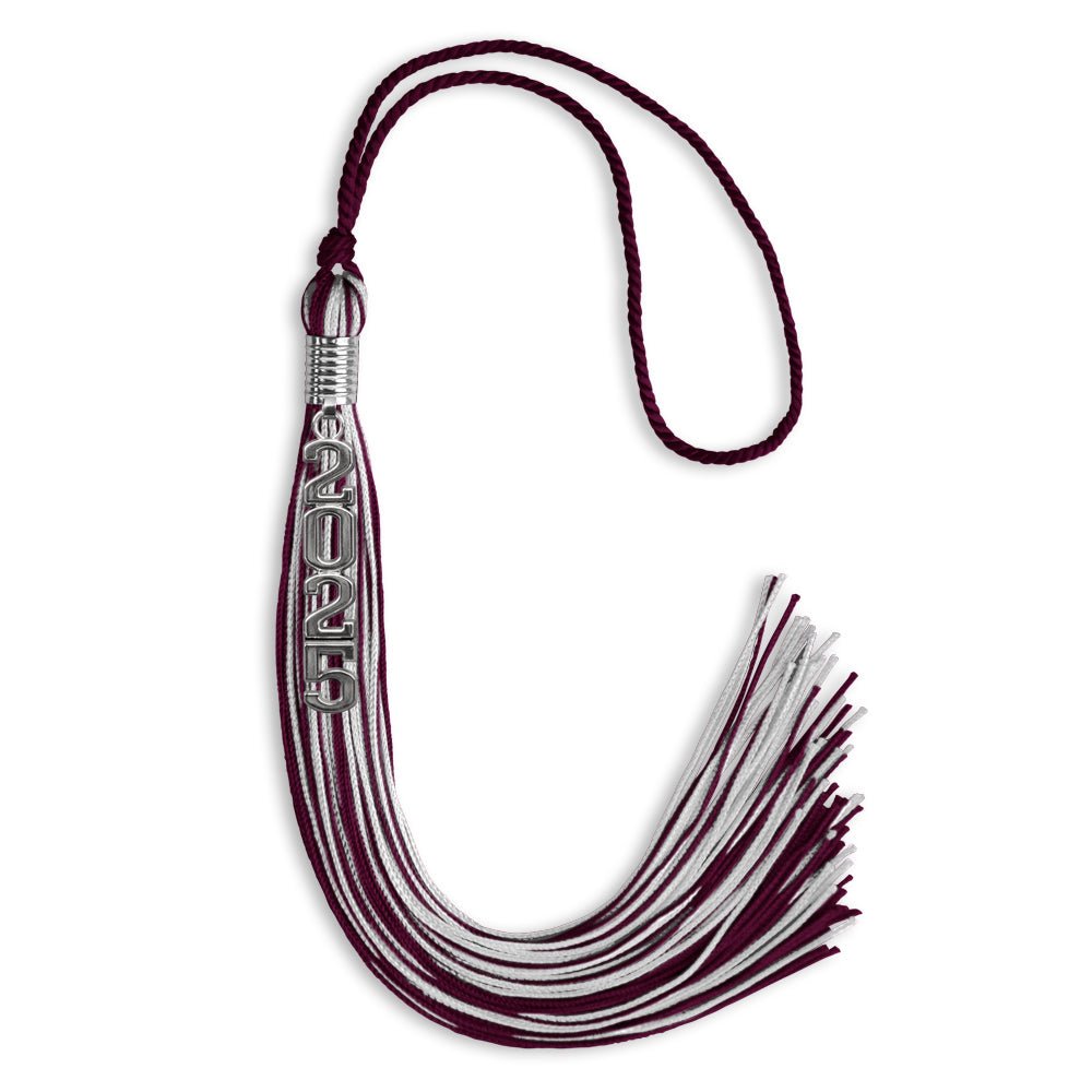 Maroon/Silver Mixed Color Graduation Tassel with Stacked Silver Date Drop by Wholesale Grad Supply