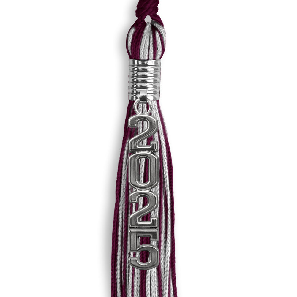 Maroon/Silver Mixed Color Graduation Tassel with Stacked Silver Date Drop by Wholesale Grad Supply