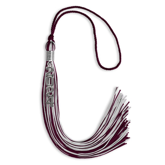 Maroon/Silver Mixed Color Graduation Tassel with Stacked Silver Date Drop by Wholesale Grad Supply