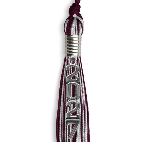Maroon/Silver Mixed Color Graduation Tassel with Stacked Silver Date Drop by Wholesale Grad Supply