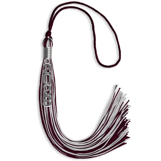 Maroon/Silver Mixed Color Graduation Tassel with Stacked Silver Date Drop by Wholesale Grad Supply