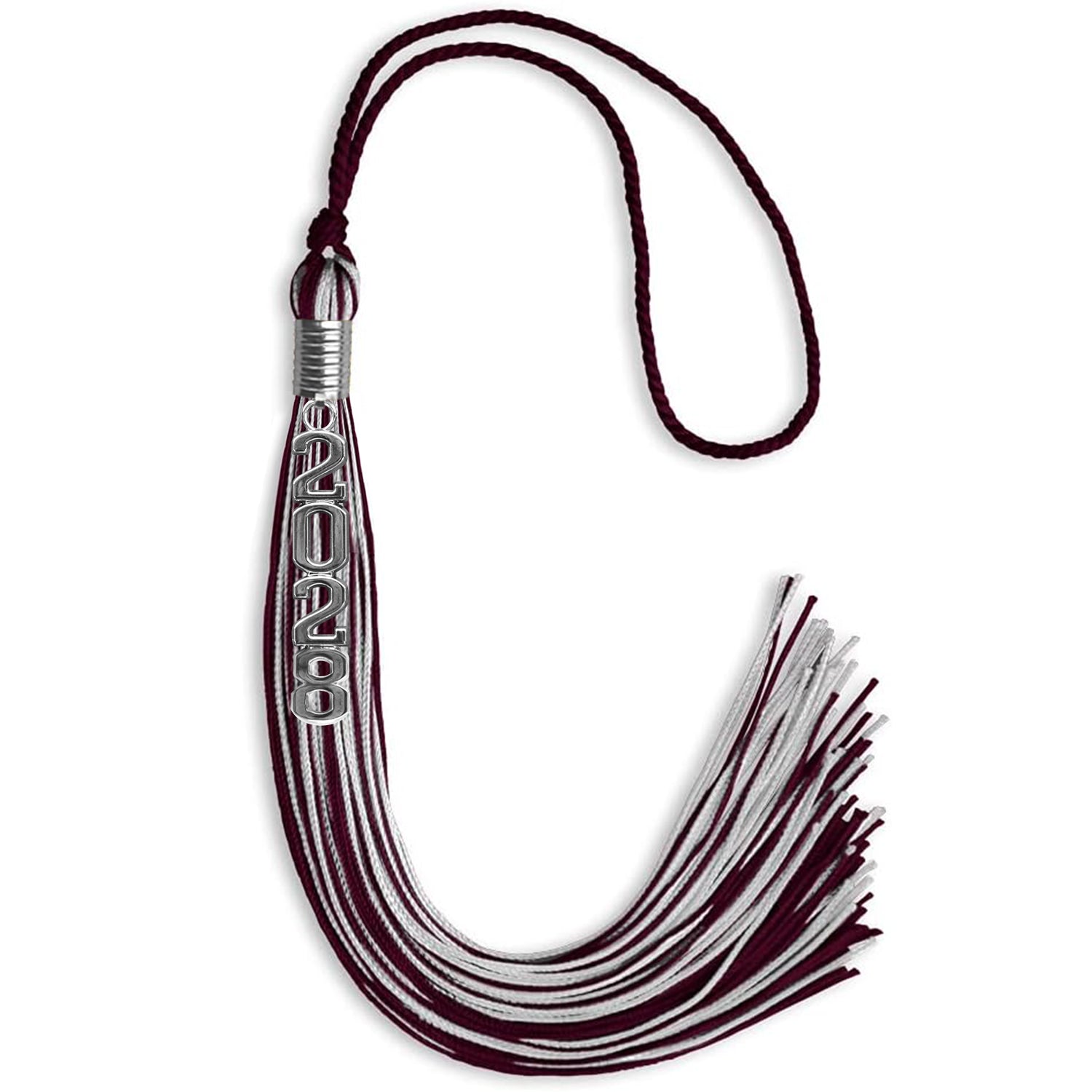 Maroon/Silver Mixed Color Graduation Tassel with Stacked Silver Date Drop by Wholesale Grad Supply
