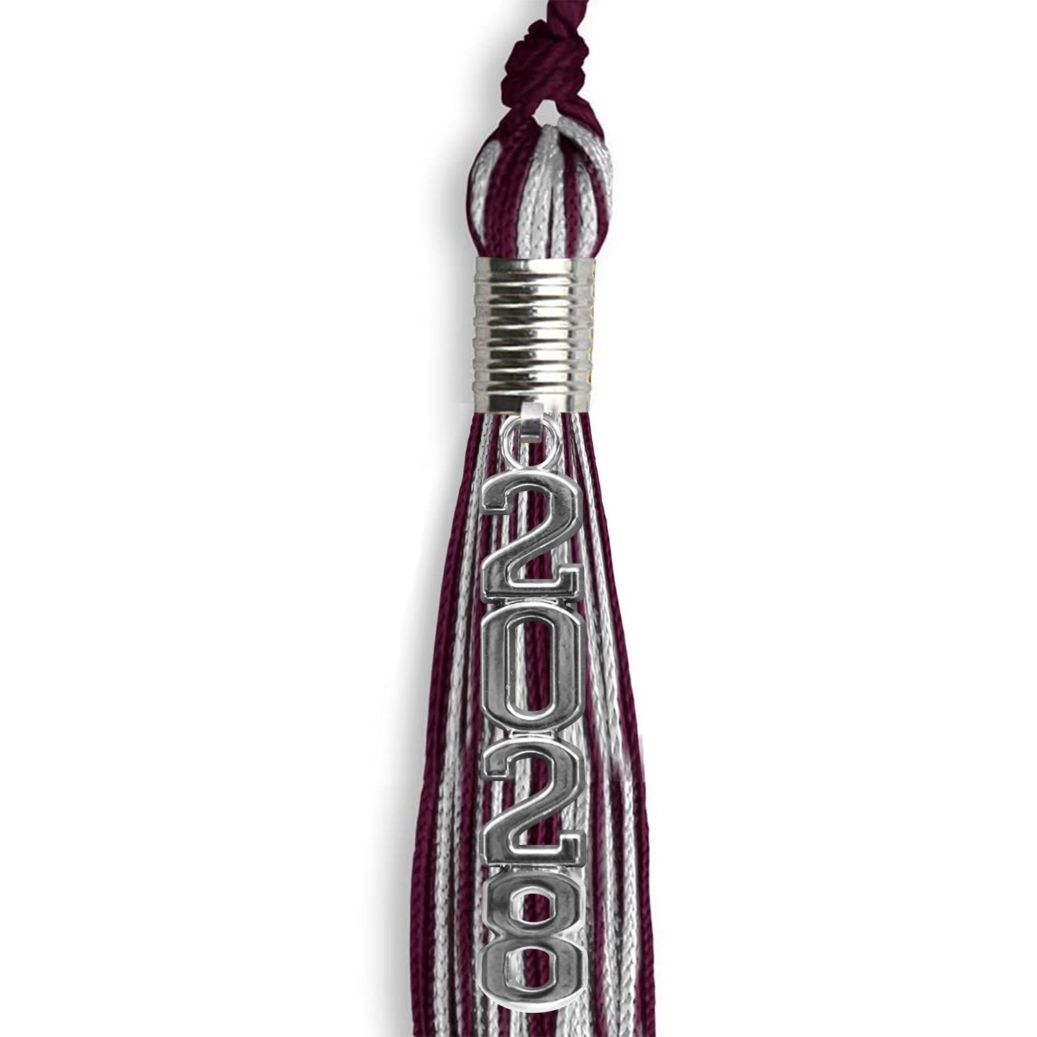 Maroon/Silver Mixed Color Graduation Tassel with Stacked Silver Date Drop by Wholesale Grad Supply