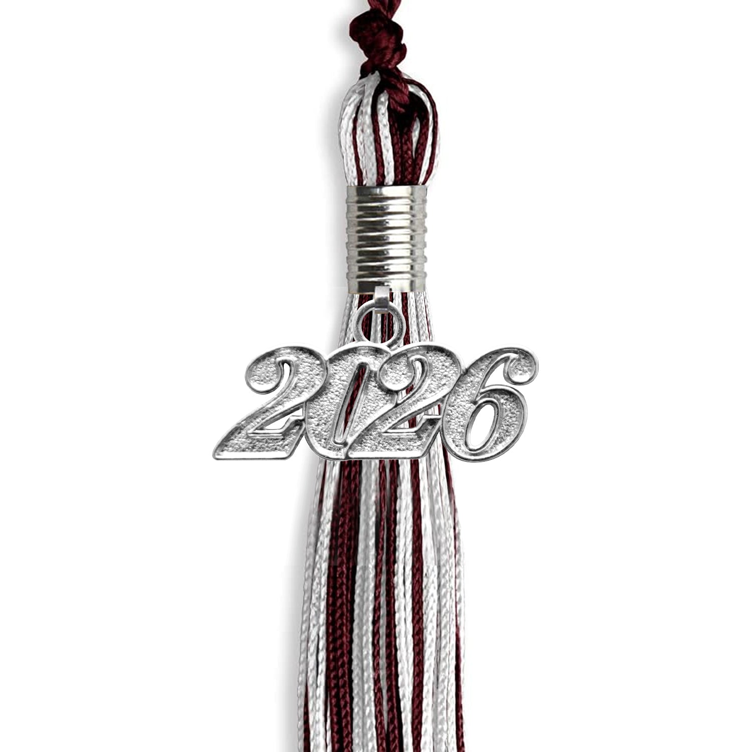 Maroon/Silver/White Mixed Color Graduation Tassel with Silver Bling Charm by Wholesale Grad Supply