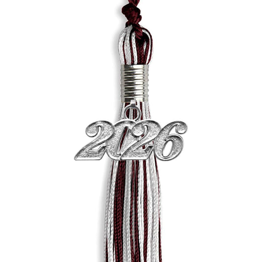 Maroon/Silver/White Mixed Color Graduation Tassel with Silver Bling Charm by Wholesale Grad Supply