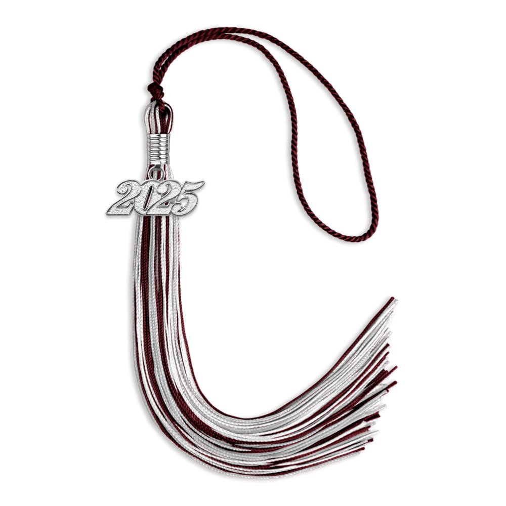 Maroon/Silver/White Mixed Color Graduation Tassel with Silver Bling Charm by Wholesale Grad Supply