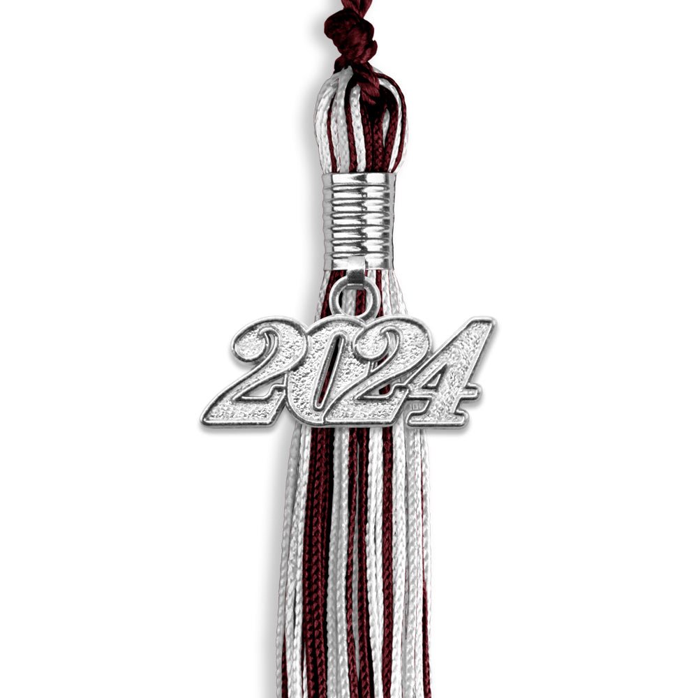 Maroon/Silver/White Mixed Color Graduation Tassel with Silver Bling Charm by Wholesale Grad Supply