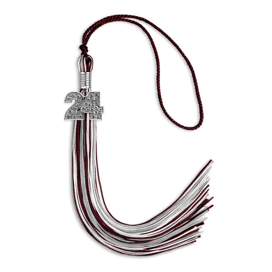Maroon/Silver/White Mixed Color Graduation Tassel with Silver Bling Charm by Wholesale Grad Supply