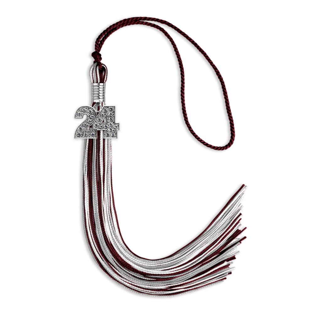 Maroon/Silver/White Mixed Color Graduation Tassel with Silver Bling Charm by Wholesale Grad Supply