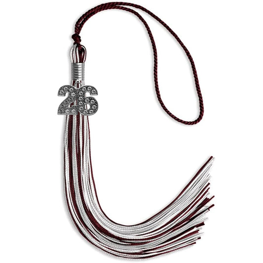 Maroon/Silver/White Mixed Color Graduation Tassel with Silver Bling Charm by Wholesale Grad Supply