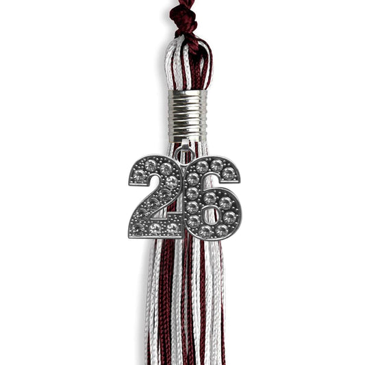 Maroon/Silver/White Mixed Color Graduation Tassel with Silver Bling Charm by Wholesale Grad Supply