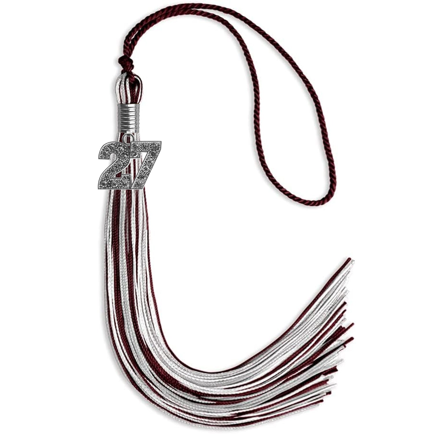 Maroon/Silver/White Mixed Color Graduation Tassel with Silver Bling Charm by Wholesale Grad Supply