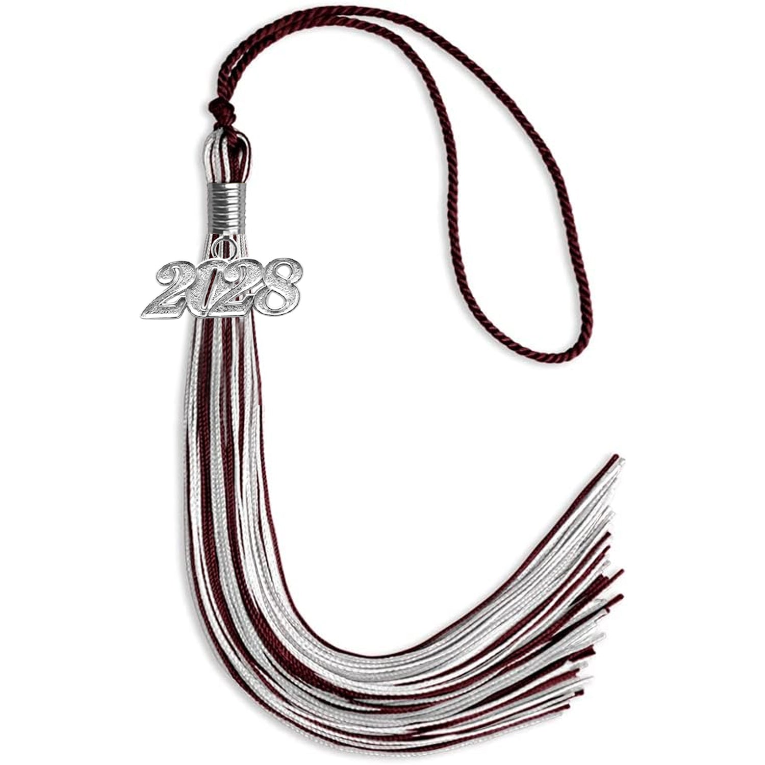 Maroon/Silver/White Mixed Color Graduation Tassel with Silver Bling Charm by Wholesale Grad Supply