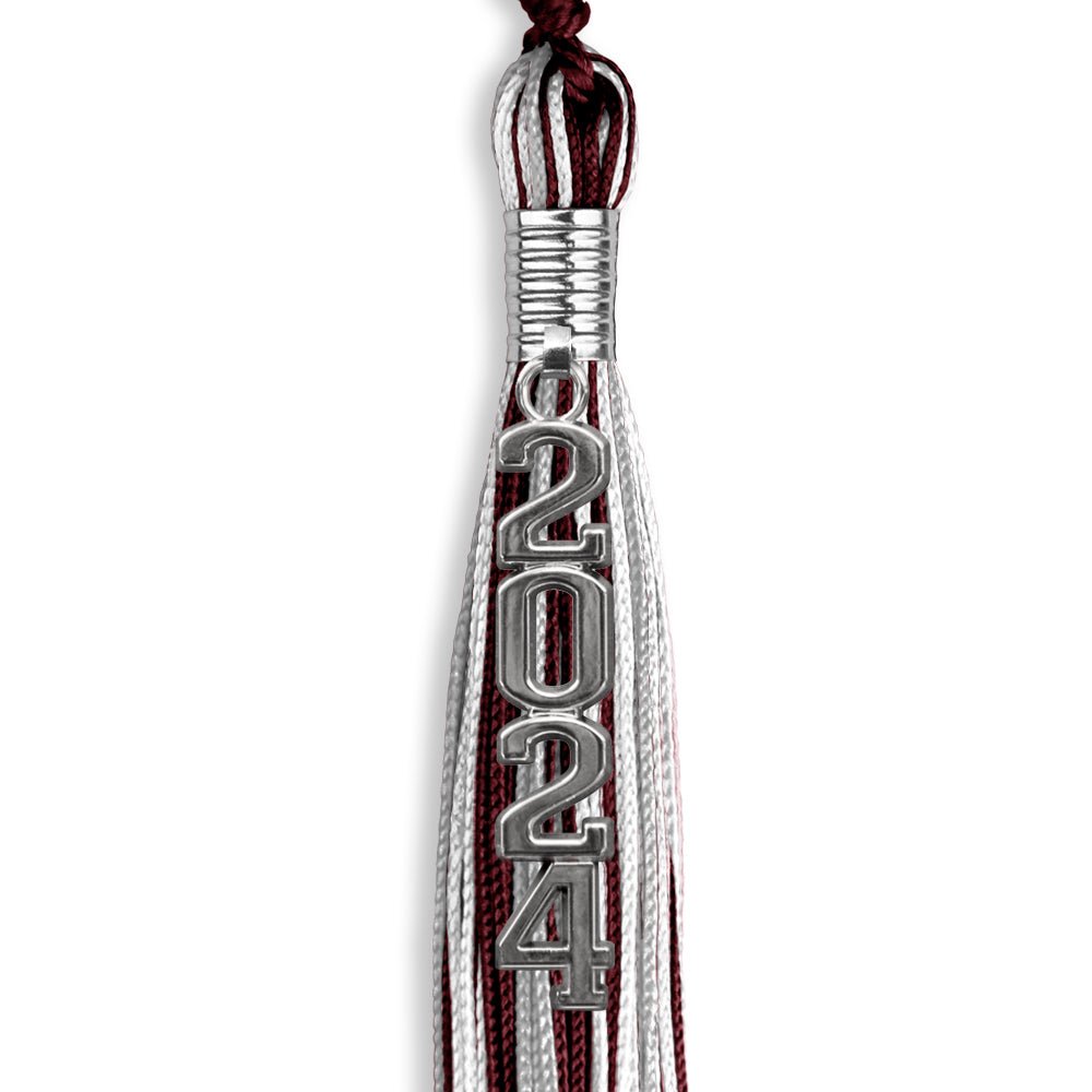 Maroon/Silver/White Mixed Color Graduation Tassel with Silver Stacked Date Drop by Wholesale Grad Supply