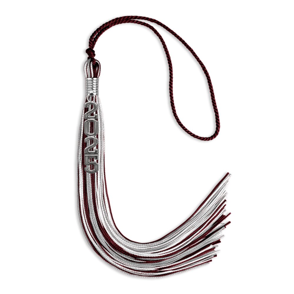 Maroon/Silver/White Mixed Color Graduation Tassel with Silver Stacked Date Drop by Wholesale Grad Supply