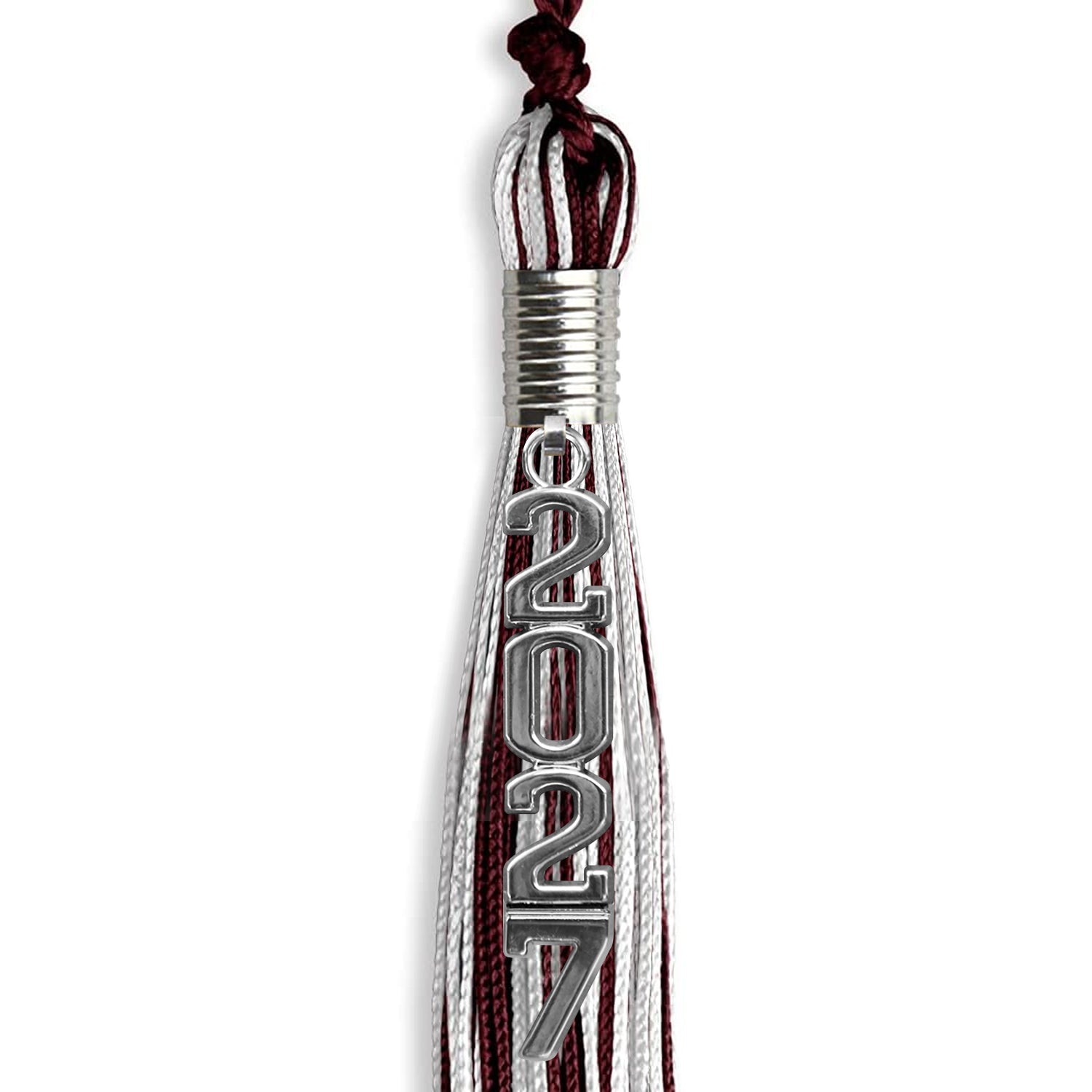 Maroon/Silver/White Mixed Color Graduation Tassel with Silver Stacked Date Drop by Wholesale Grad Supply