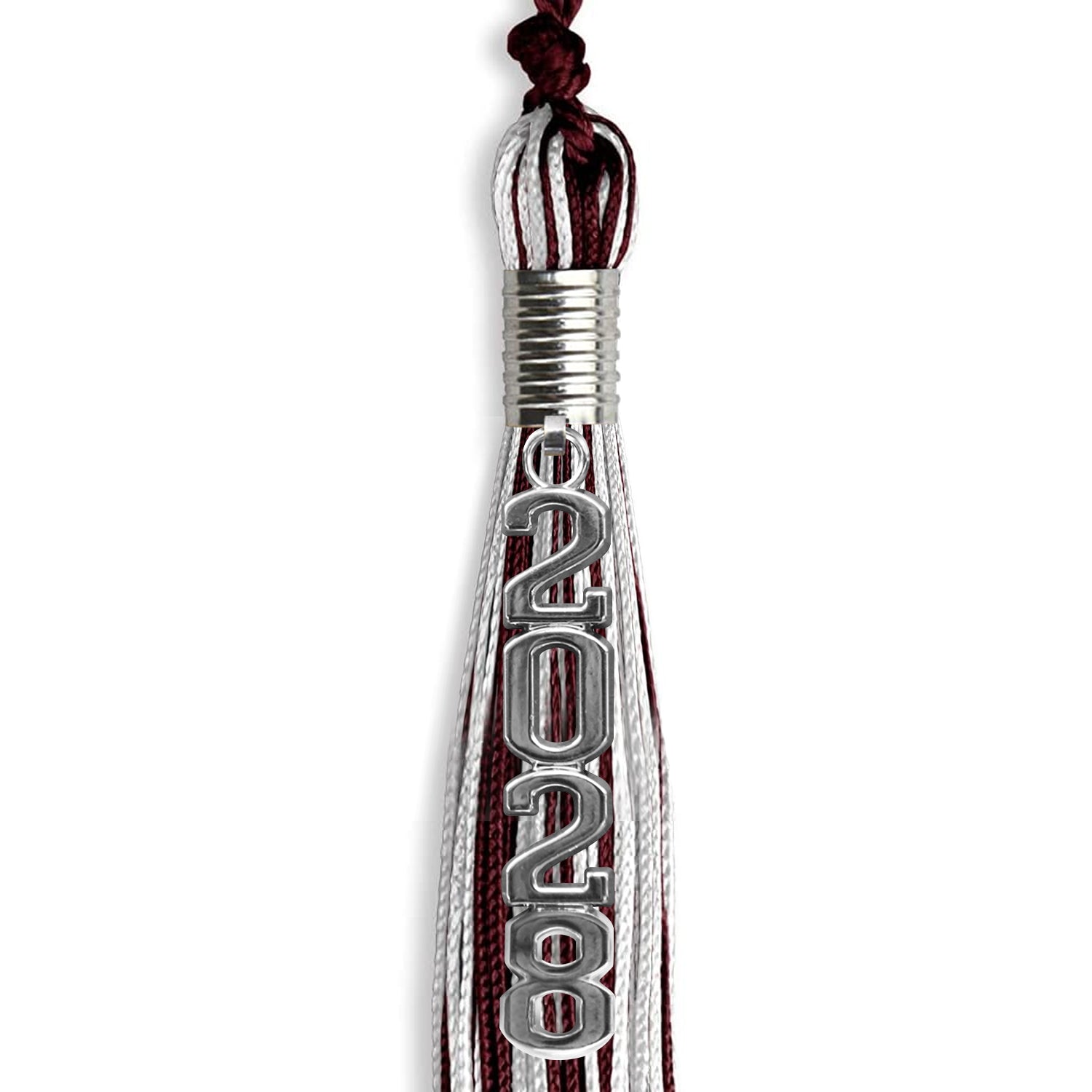 Maroon/Silver/White Mixed Color Graduation Tassel with Silver Stacked Date Drop by Wholesale Grad Supply