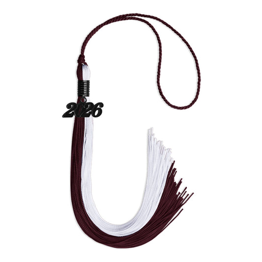 Maroon/White Graduation Tassel with Black Bling Charm by Wholesale Grad Supply