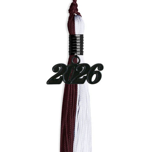 Maroon/White Graduation Tassel with Black Bling Charm by Wholesale Grad Supply