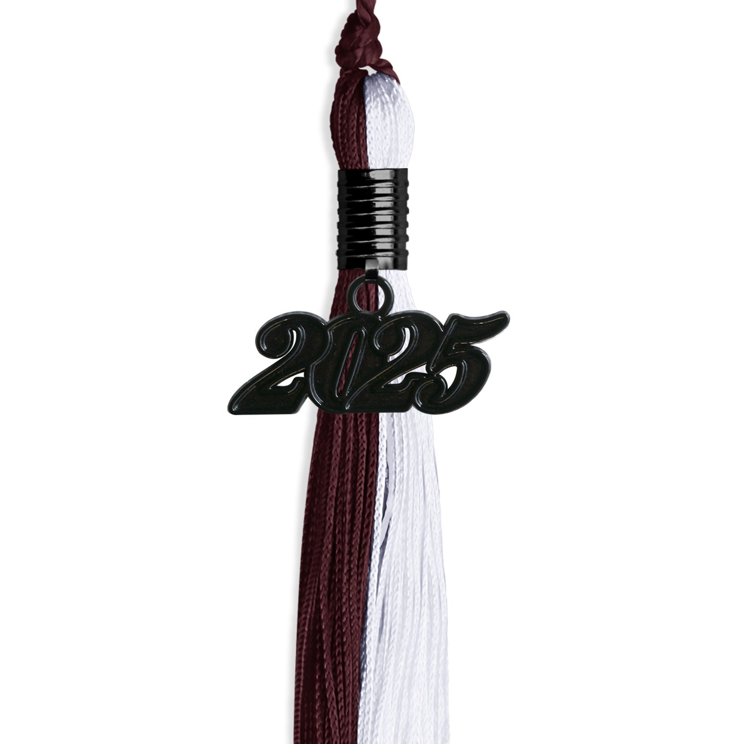 Maroon/White Graduation Tassel with Black Bling Charm by Wholesale Grad Supply