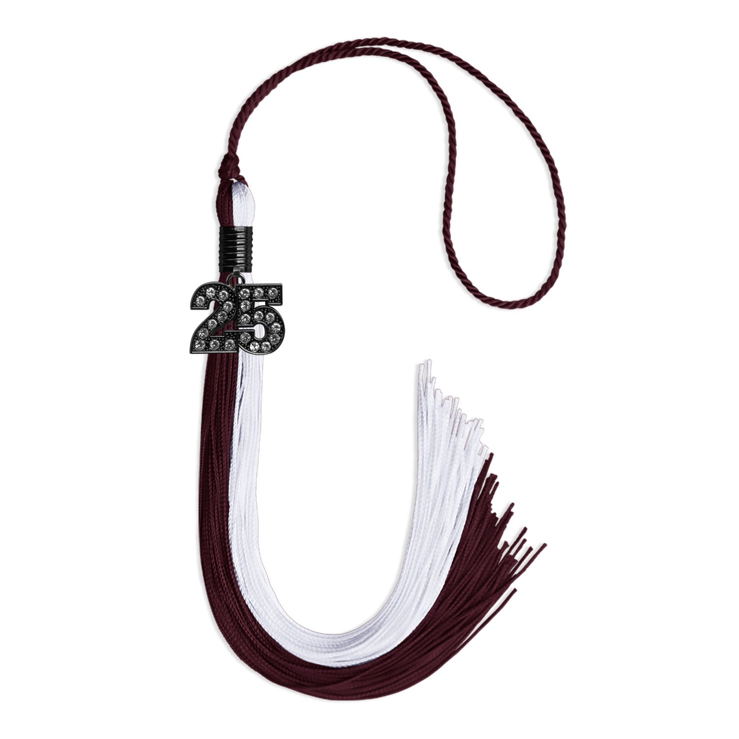 Maroon/White Graduation Tassel with Black Bling Charm by Wholesale Grad Supply