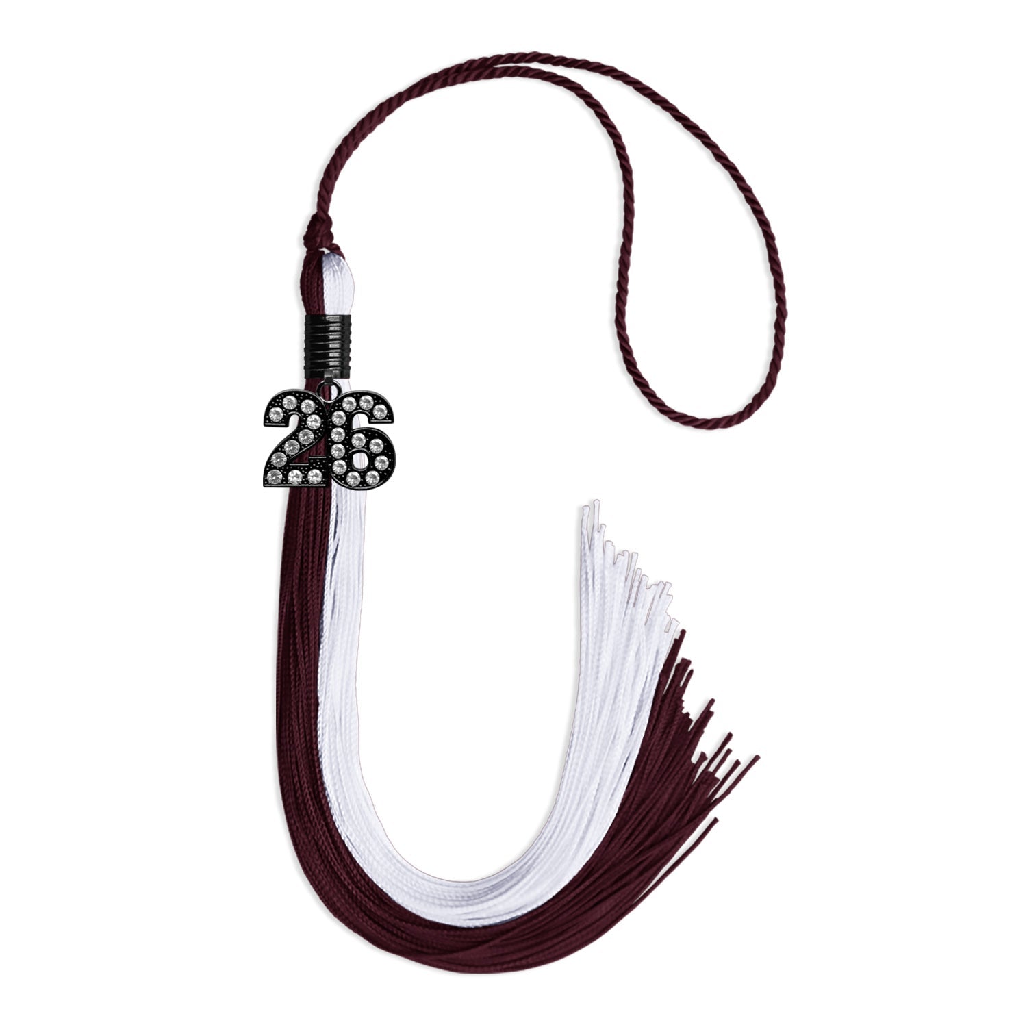 Maroon/White Graduation Tassel with Black Bling Charm by Wholesale Grad Supply