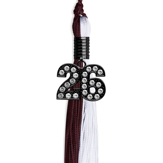 Maroon/White Graduation Tassel with Black Bling Charm by Wholesale Grad Supply