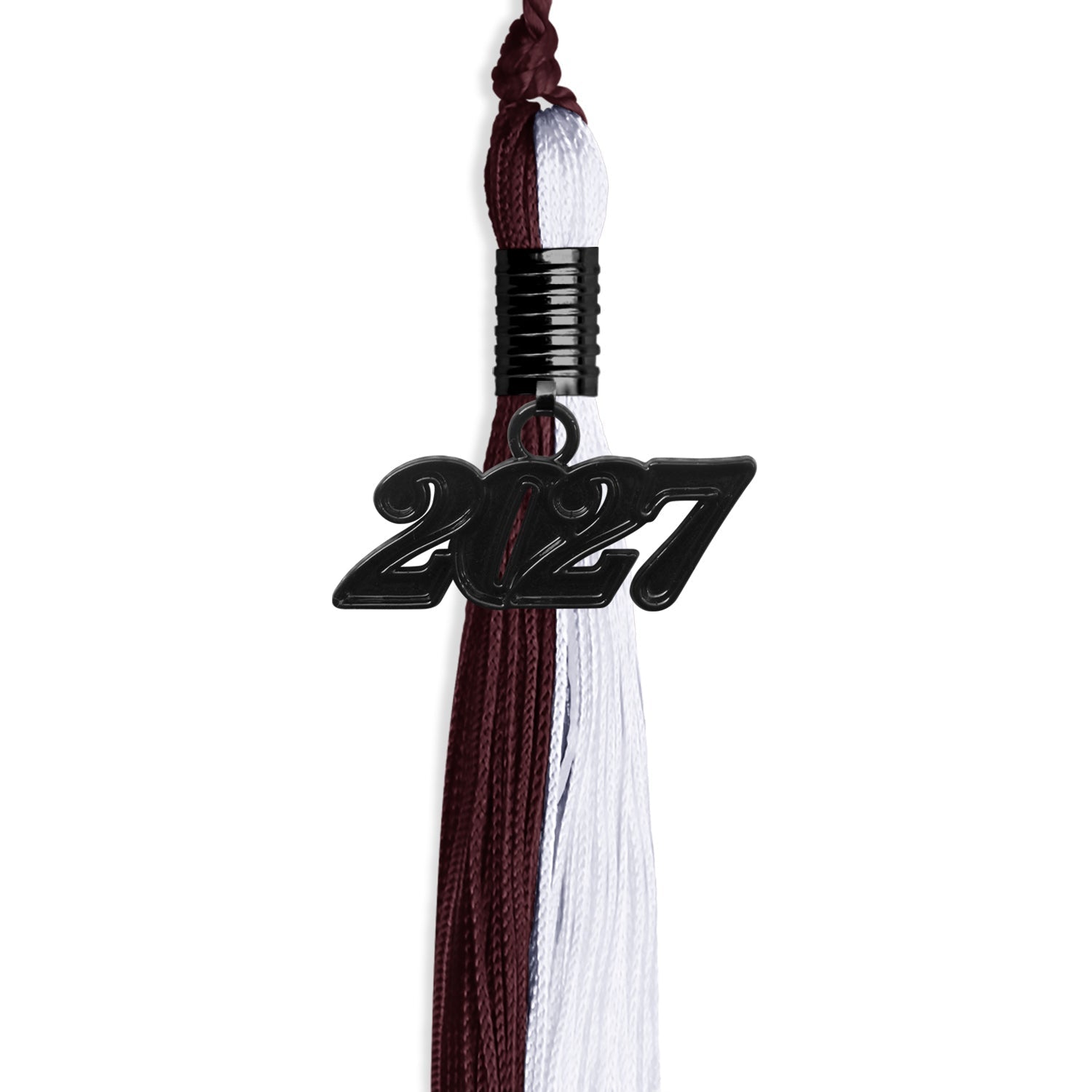 Maroon/White Graduation Tassel with Black Bling Charm by Wholesale Grad Supply