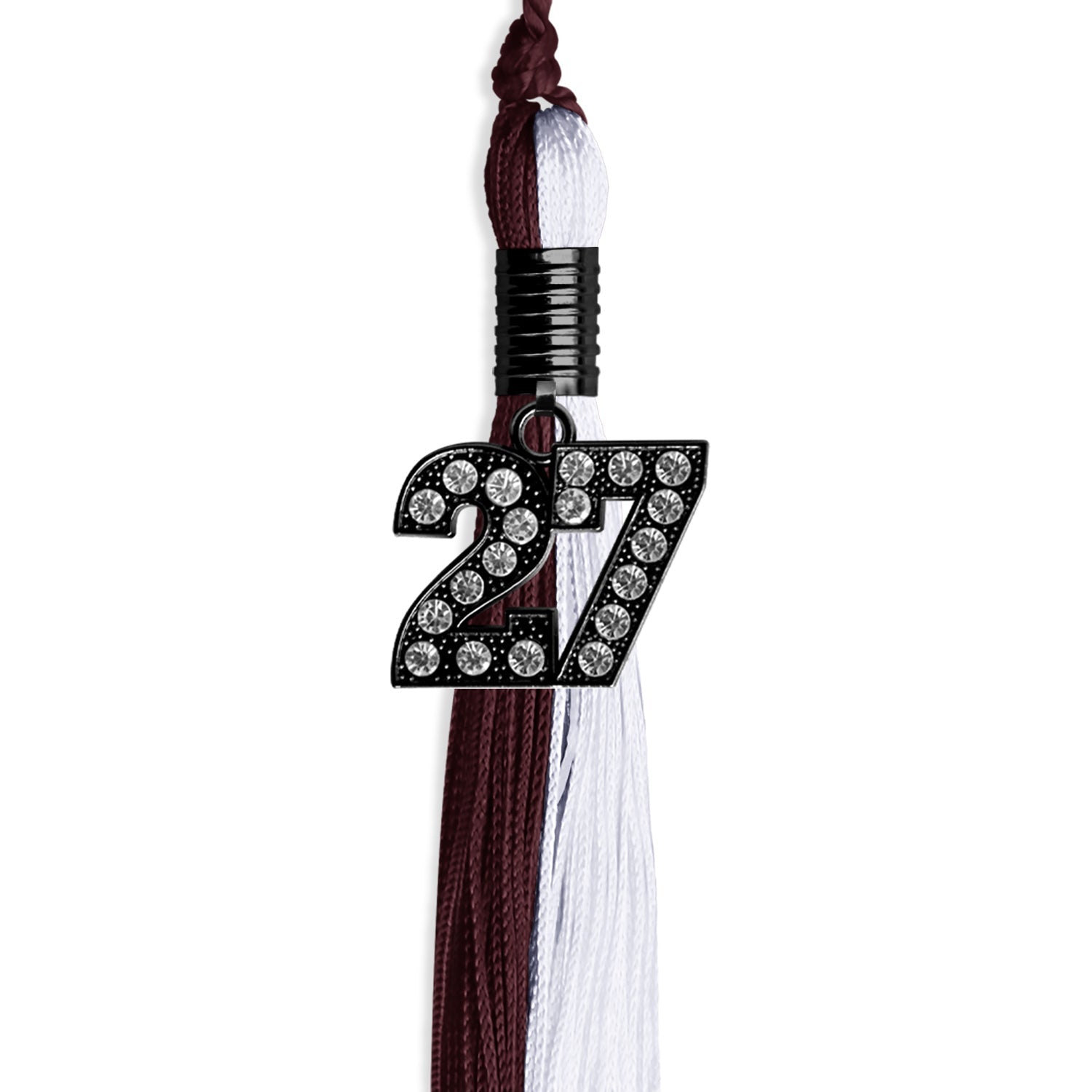 Maroon/White Graduation Tassel with Black Bling Charm by Wholesale Grad Supply