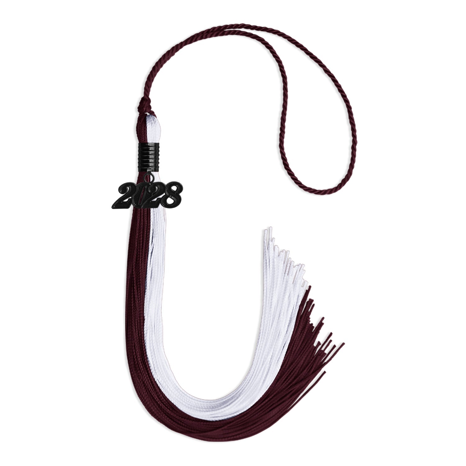 Maroon/White Graduation Tassel with Black Bling Charm by Wholesale Grad Supply