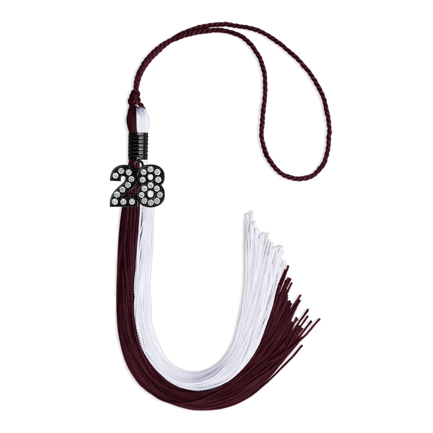 Maroon/White Graduation Tassel with Black Bling Charm by Wholesale Grad Supply